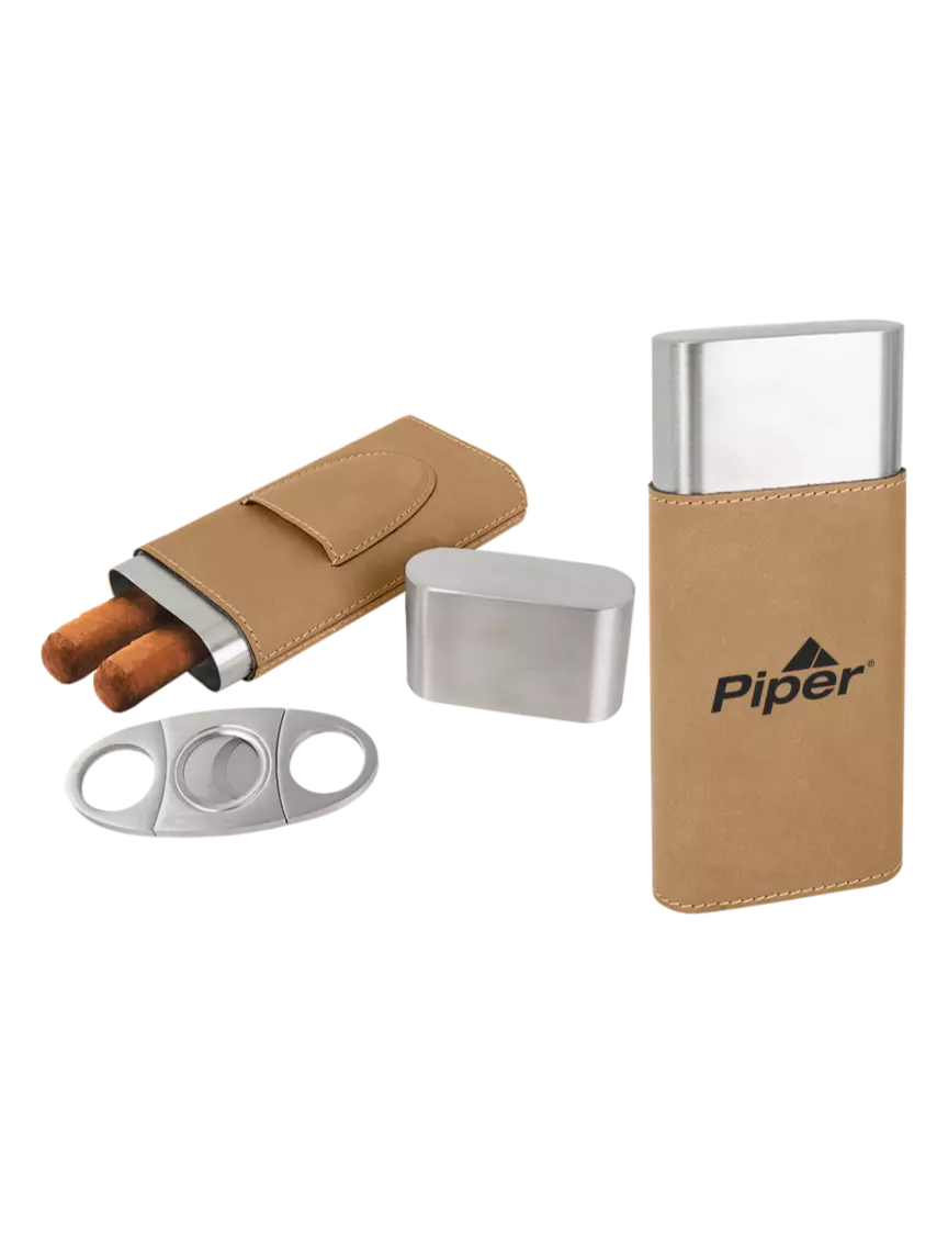 Piper Tan Leatherette Cigar Case with Cutter w/Piper Logo