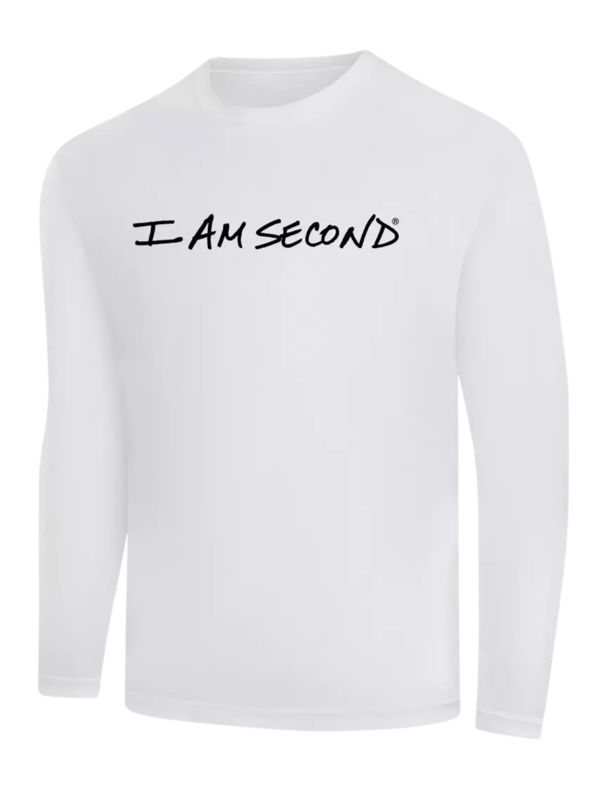 I Am Second Long Sleeve White PosiCharge Competitor Tee w/I Am Second Logo