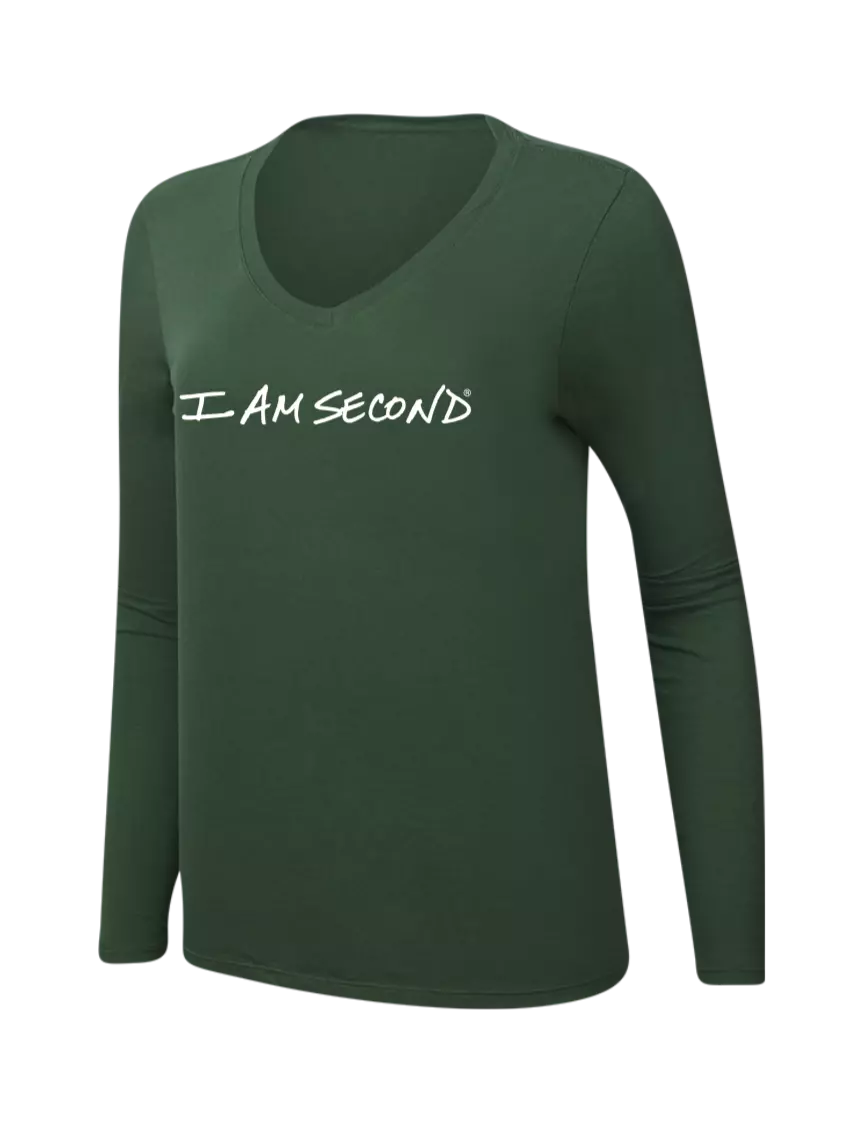I Am Second Womens  V-Neck Ring Spun Forest Green 4.5 oz Long Sleeve T-Shirt w/I Am Second Logo