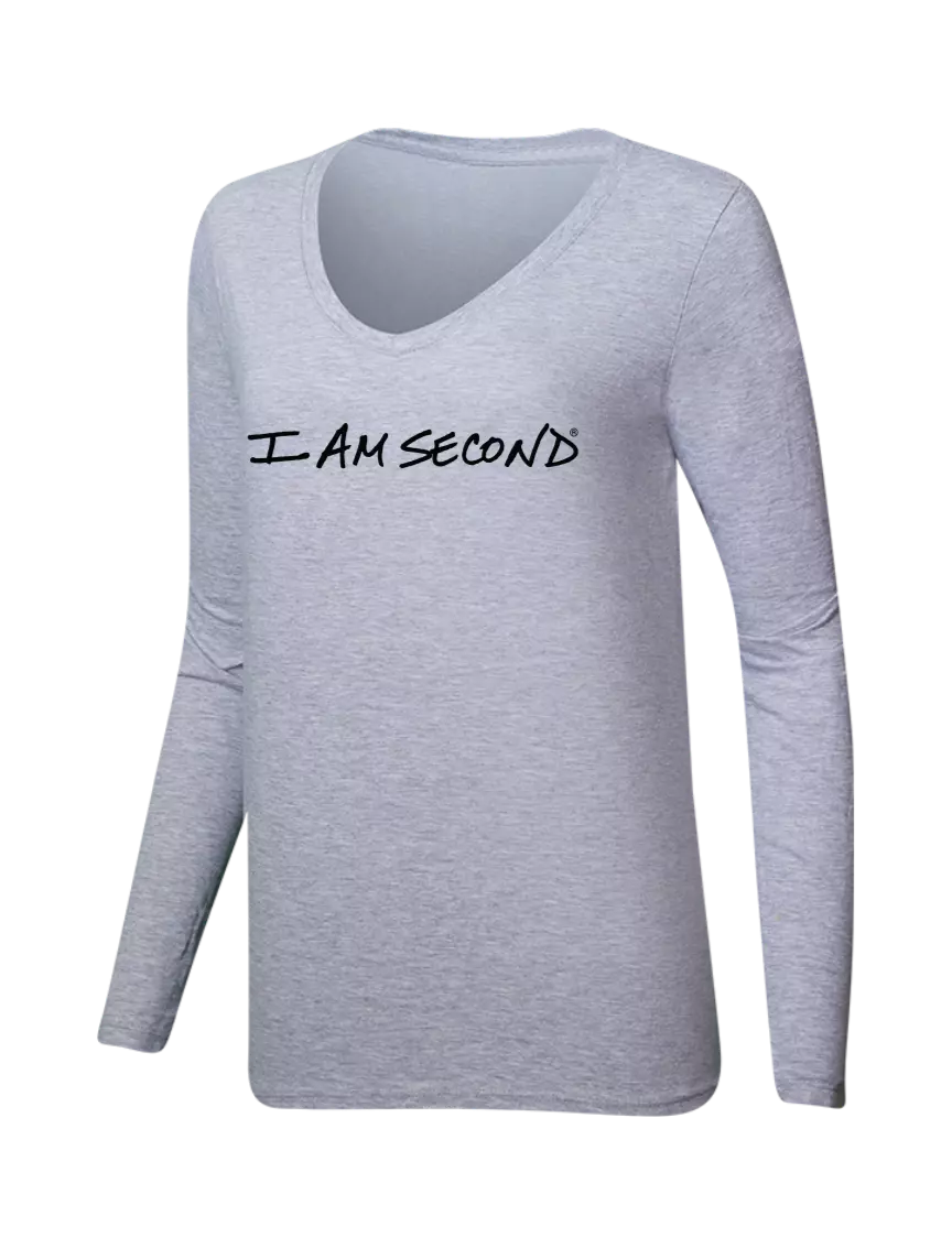 I Am Second Womens  V-Neck Ring Spun Grey Heather 4.5 oz Long Sleeve T-Shirt w/I Am Second Logo