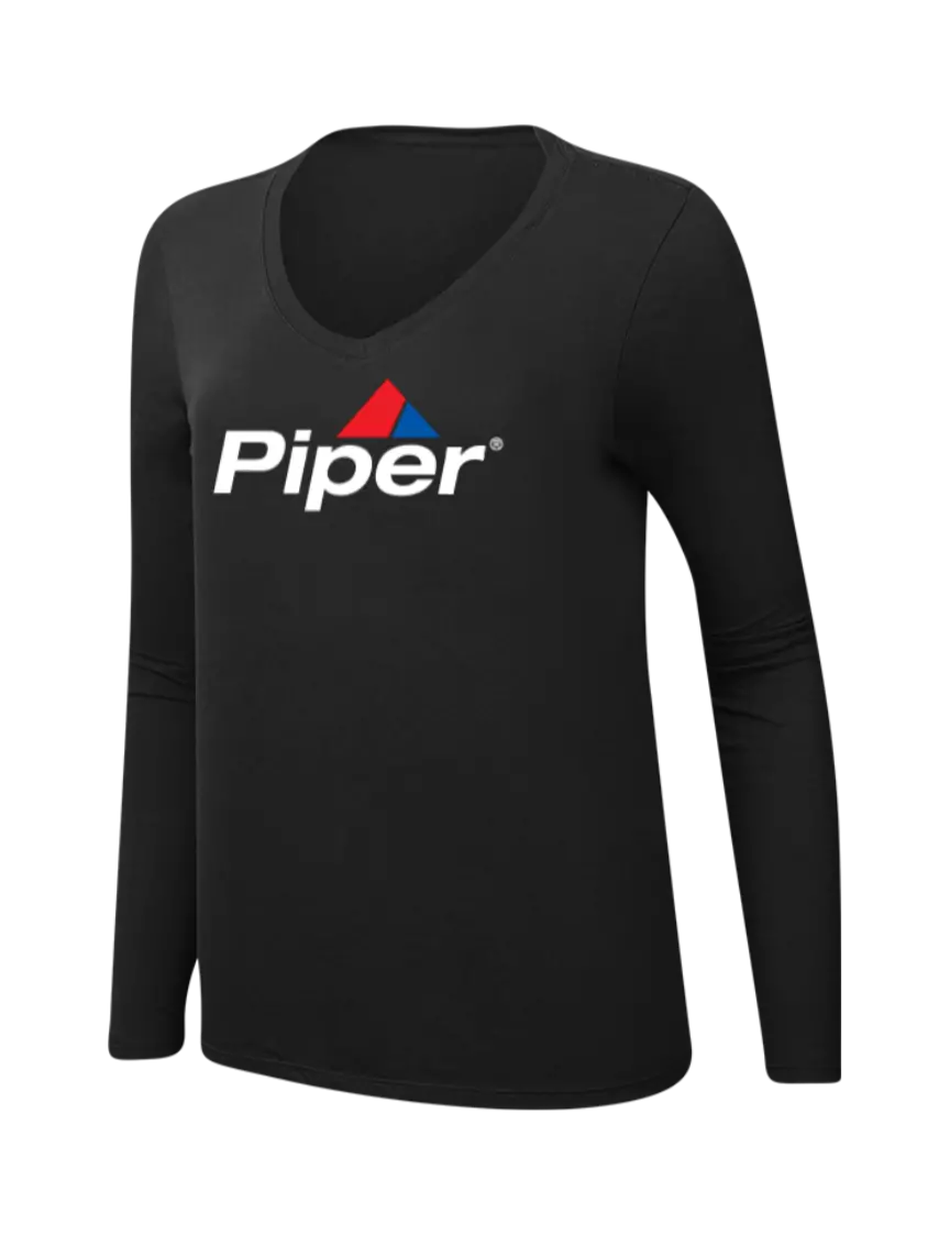 Piper Womens V-Neck Ring Spun Jet Black 4.5 oz Long Sleeve T-Shirt w/Piper Logo