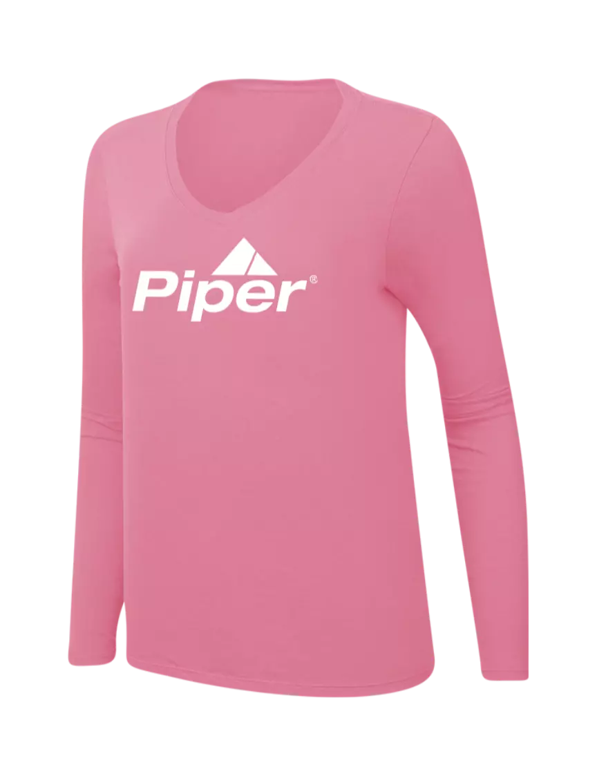 Piper Womens  V-Neck Ring Spun New Pink 4.5 oz Long Sleeve T-Shirt w/Piper Logo
