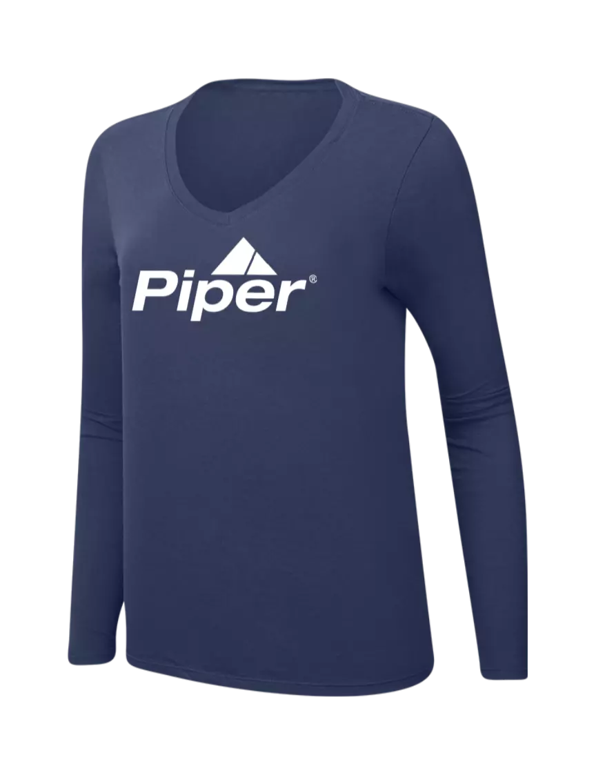 Piper Womens  V-Neck Ring Spun Navy 4.5 oz Long Sleeve T-Shirt w/Piper Logo