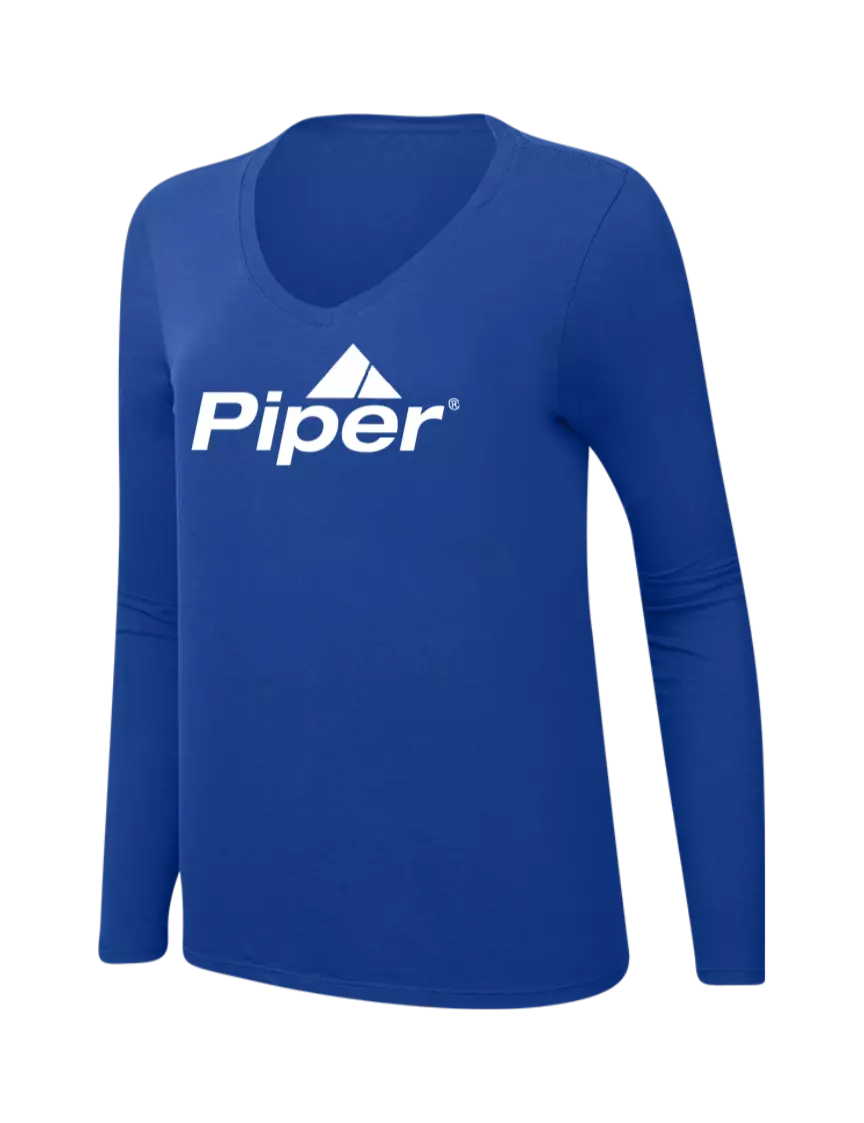 Piper Womens  V-Neck Ring Spun True Royal 4.5 oz Long Sleeve T-Shirt w/Piper Logo