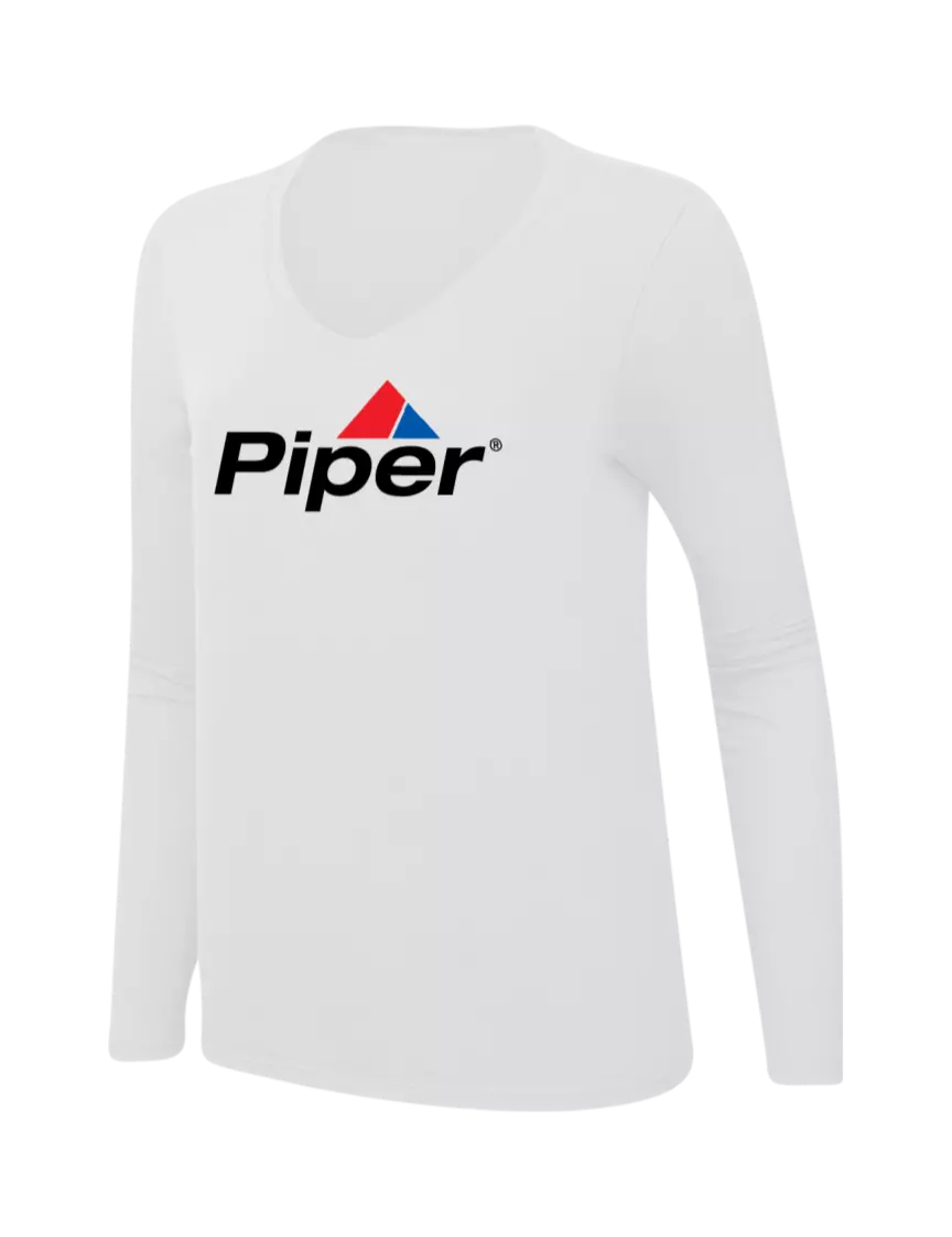 Piper Womens  V-Neck Ring Spun White 4.5 oz Long Sleeve T-Shirt w/Piper Logo