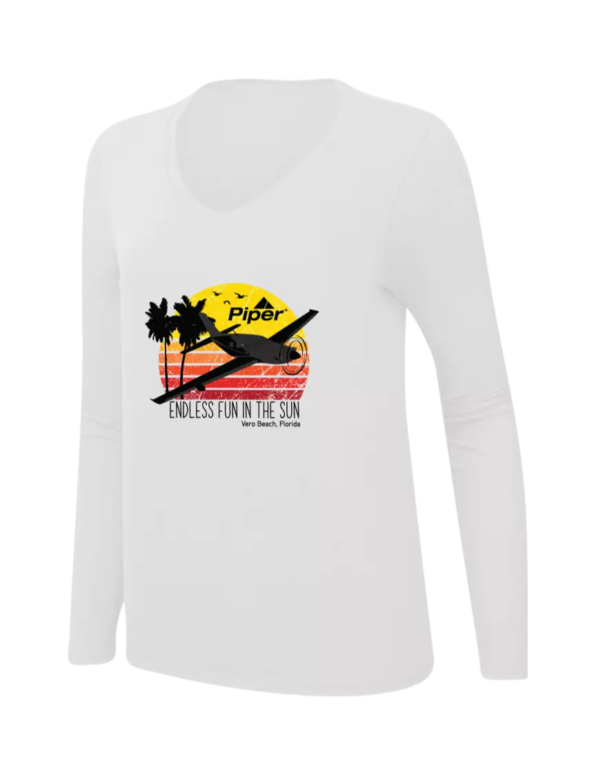 Piper Womens  V-Neck Ring Spun White 4.5 oz Long Sleeve T-Shirt w/Piper Sun & Fun Logo
