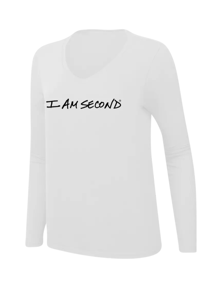 I Am Second Womens  V-Neck Ring Spun White 4.5 oz Long Sleeve T-Shirt w/I Am Second Logo