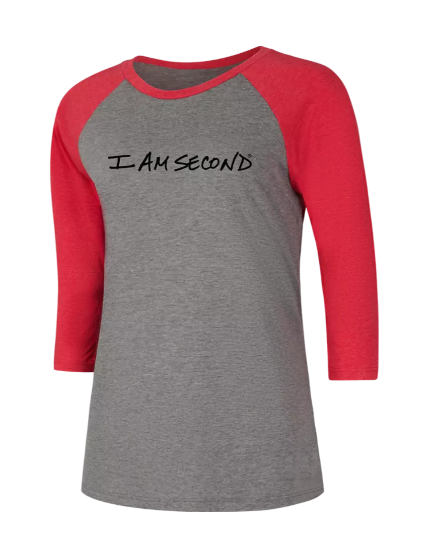 I Am Second Womens Simply Soft 3/4 Sleeve Red Frost/Grey Frost Ring Spun Cotton T-Shirt w/I Am Second Logo