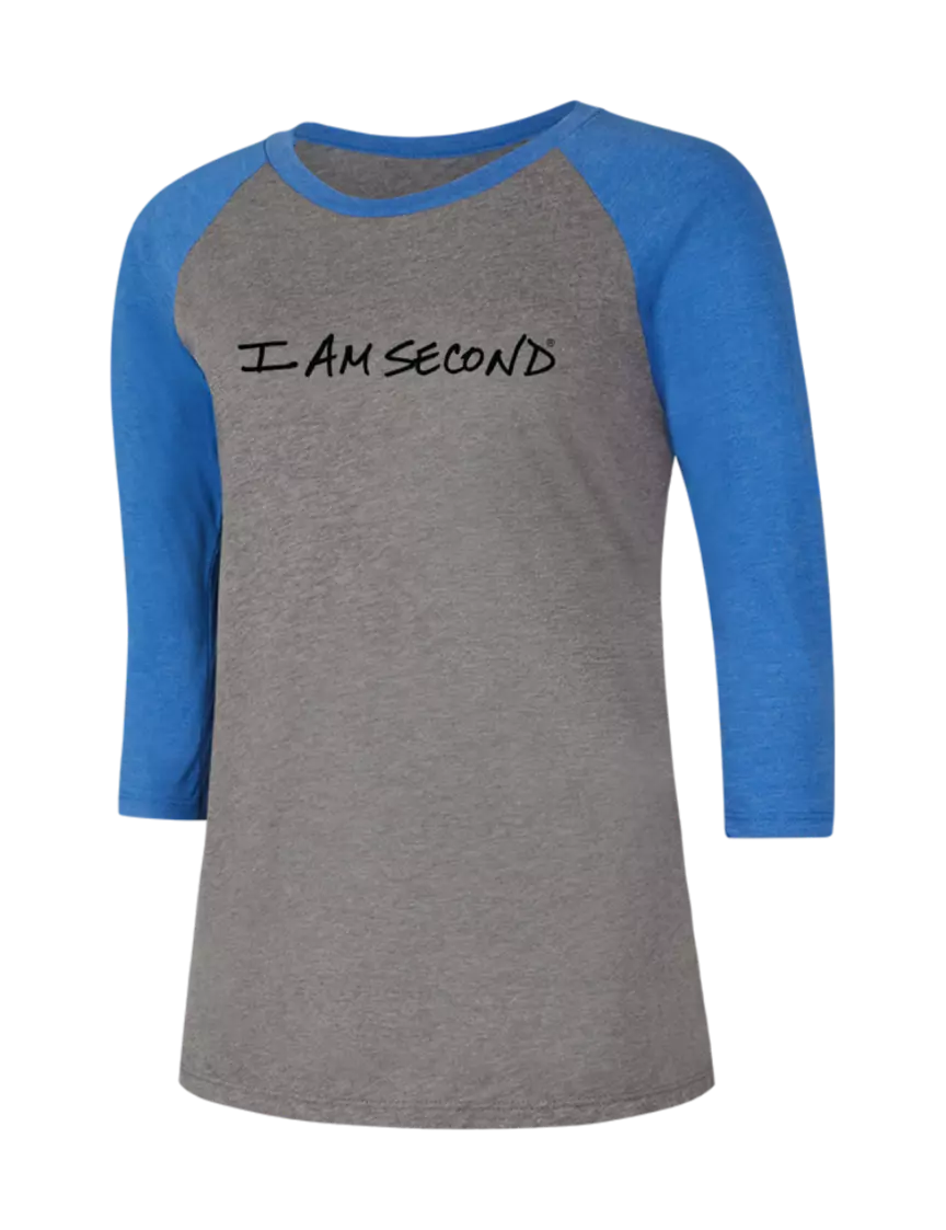 I Am Second Womens Simply Soft 3/4 Sleeve Royal Frost/Grey Ring Spun Cotton T-Shirt w/I Am Second Logo