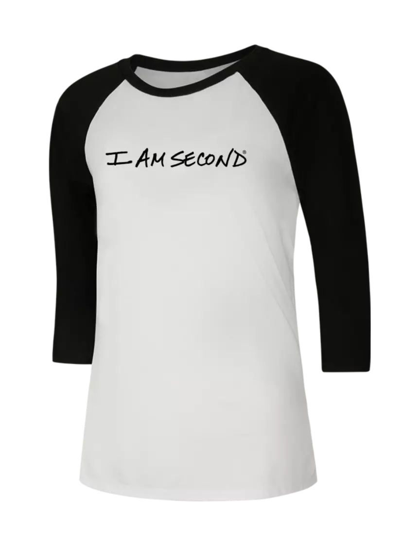 I Am Second Womens Simply Soft 3/4 Sleeve Black/White Ring Spun Cotton T-Shirt w/I Am Second Logo