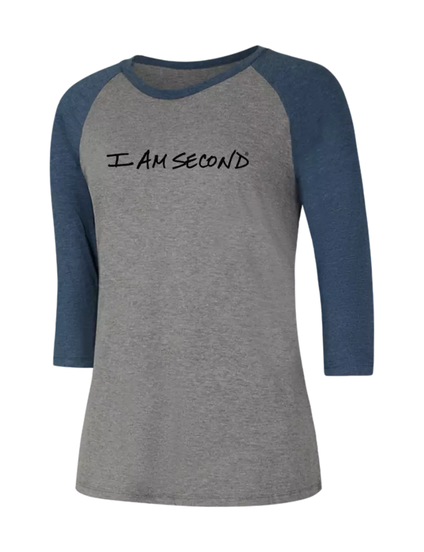 I Am Second Womens Simply Soft 3/4 Sleeve Navy Frost/Grey Frost Ring Spun Cotton T-Shirt w/I Am Second Logo
