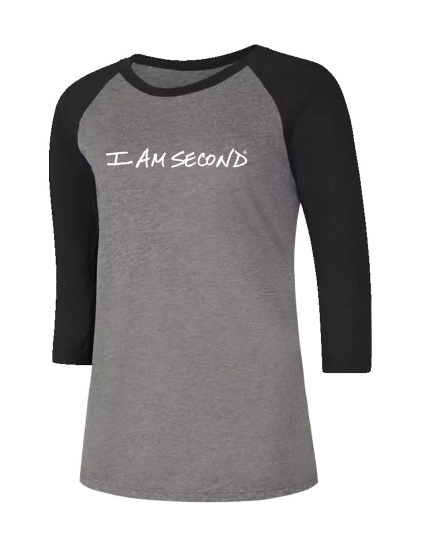 I Am Second Womens Simply Soft 3/4 Sleeve Black Frost/Grey Frost Ring Spun Cotton T-Shirt w/I Am Second Logo