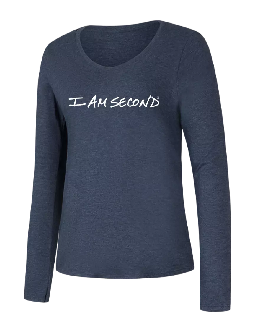 I Am Second Womens Seriously Soft Heathered Navy V-Neck Long Sleeve T-Shirt w/I Am Second Logo