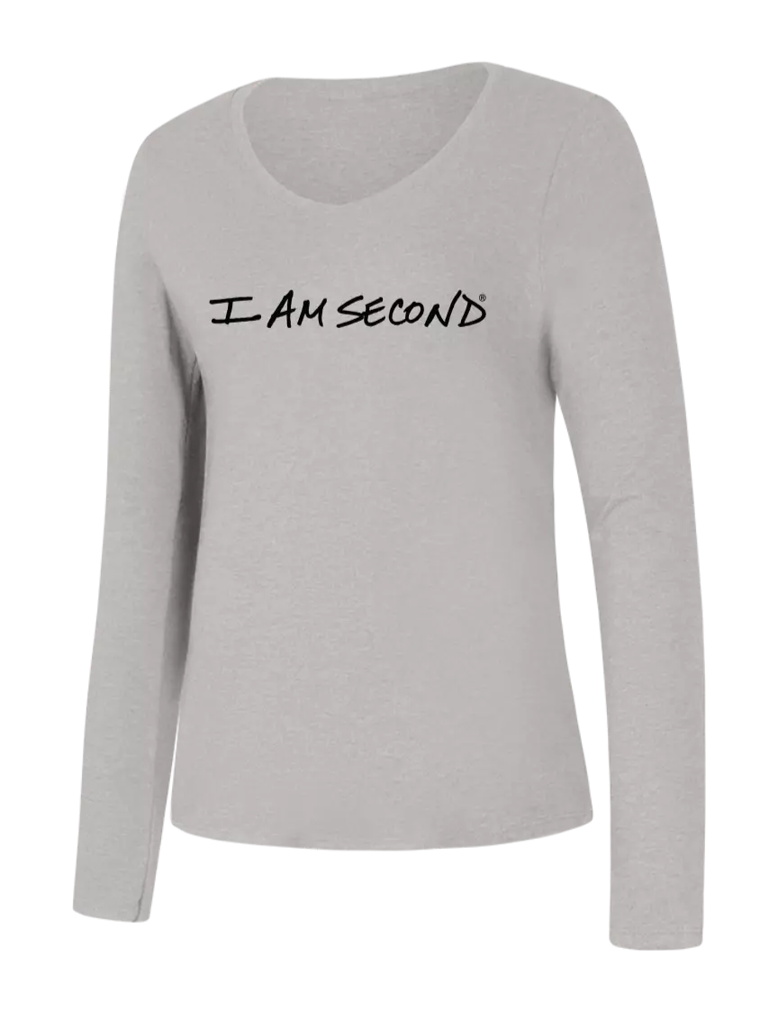 I Am Second Womens Seriously Soft Light Heathered Grey V-Neck Long Sleeve T-Shirt w/I Am Second Logo
