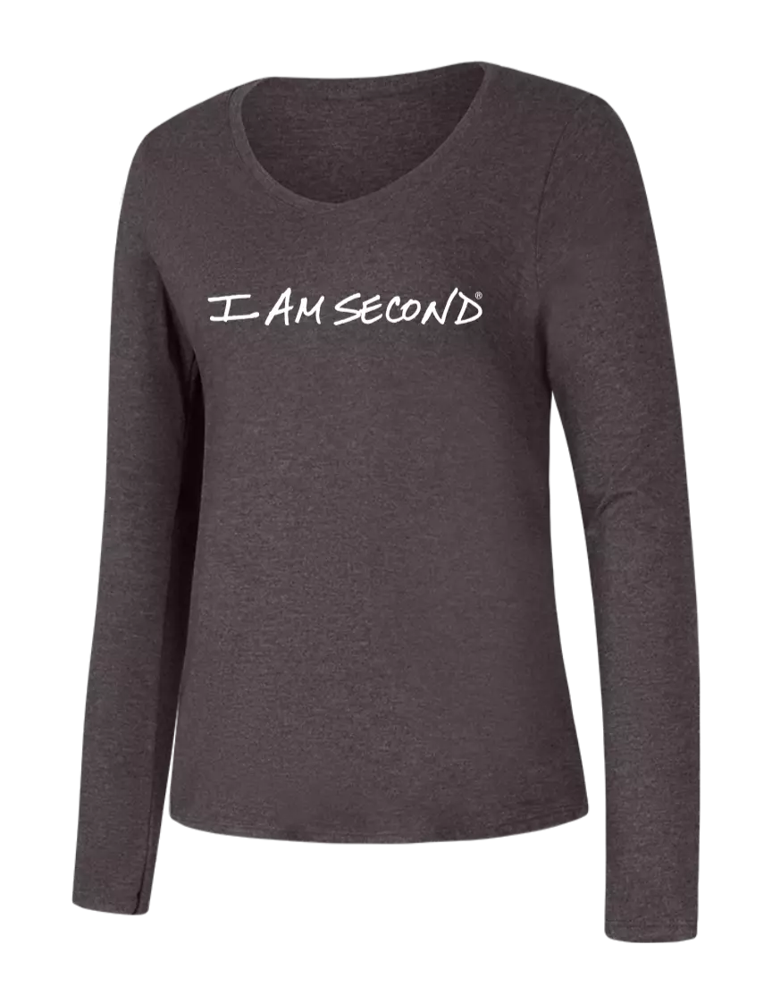 I Am Second Womens Seriously Soft Heathered Charcoal V-Neck Long Sleeve T-Shirt w/I Am Second Logo