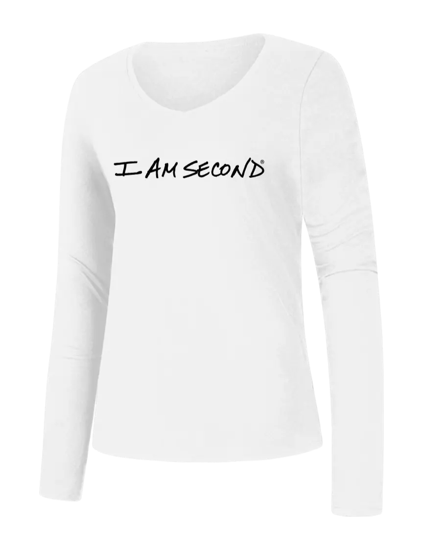 I Am Second Womens Seriously Soft White V-Neck Long Sleeve T-Shirt w/I Am Second Logo
