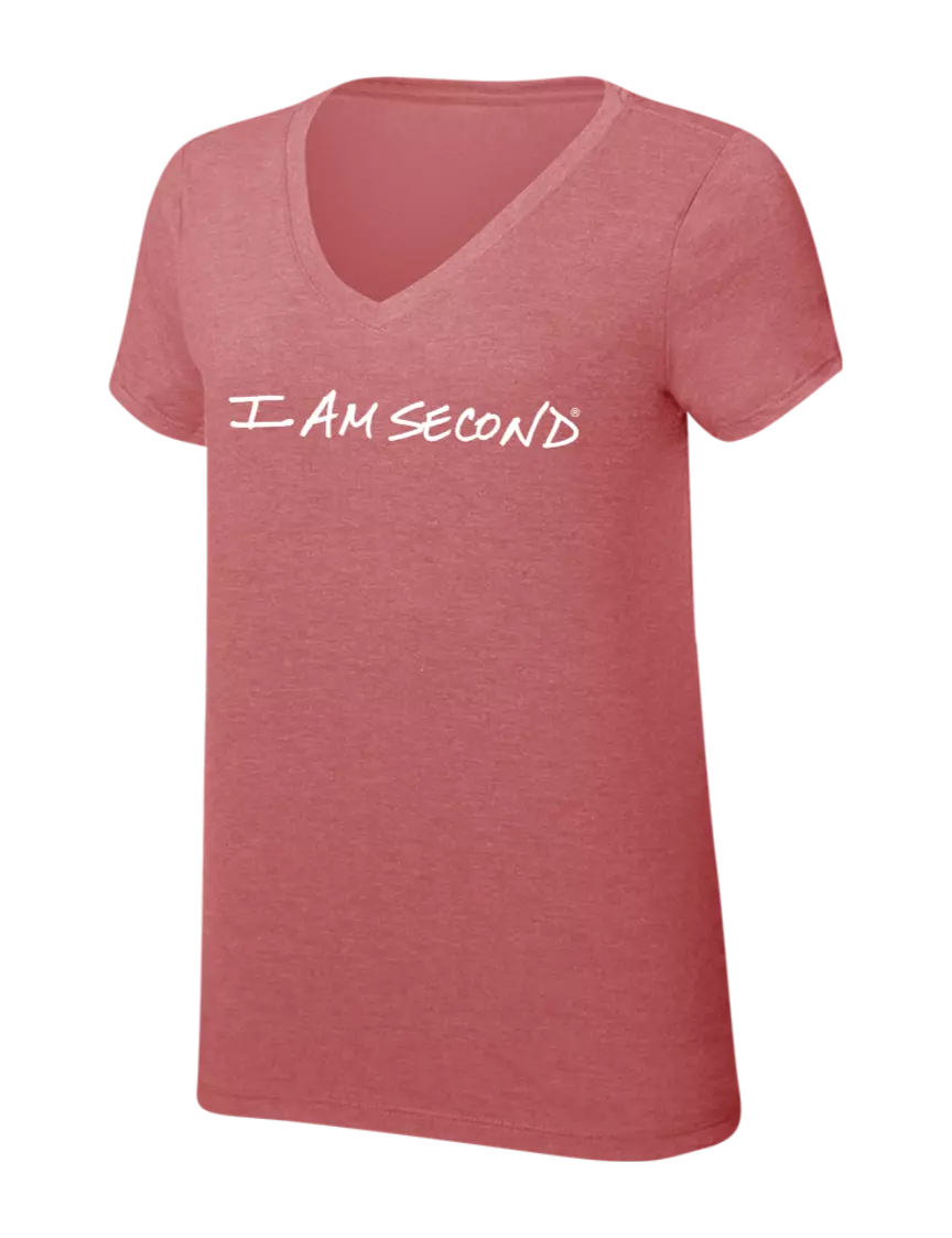 I Am Second Womens Simply Soft V-Neck Blush Frost 4.5oz  Poly/Combed Ring Spun Cotton T-Shirt w/I Am Second Logo