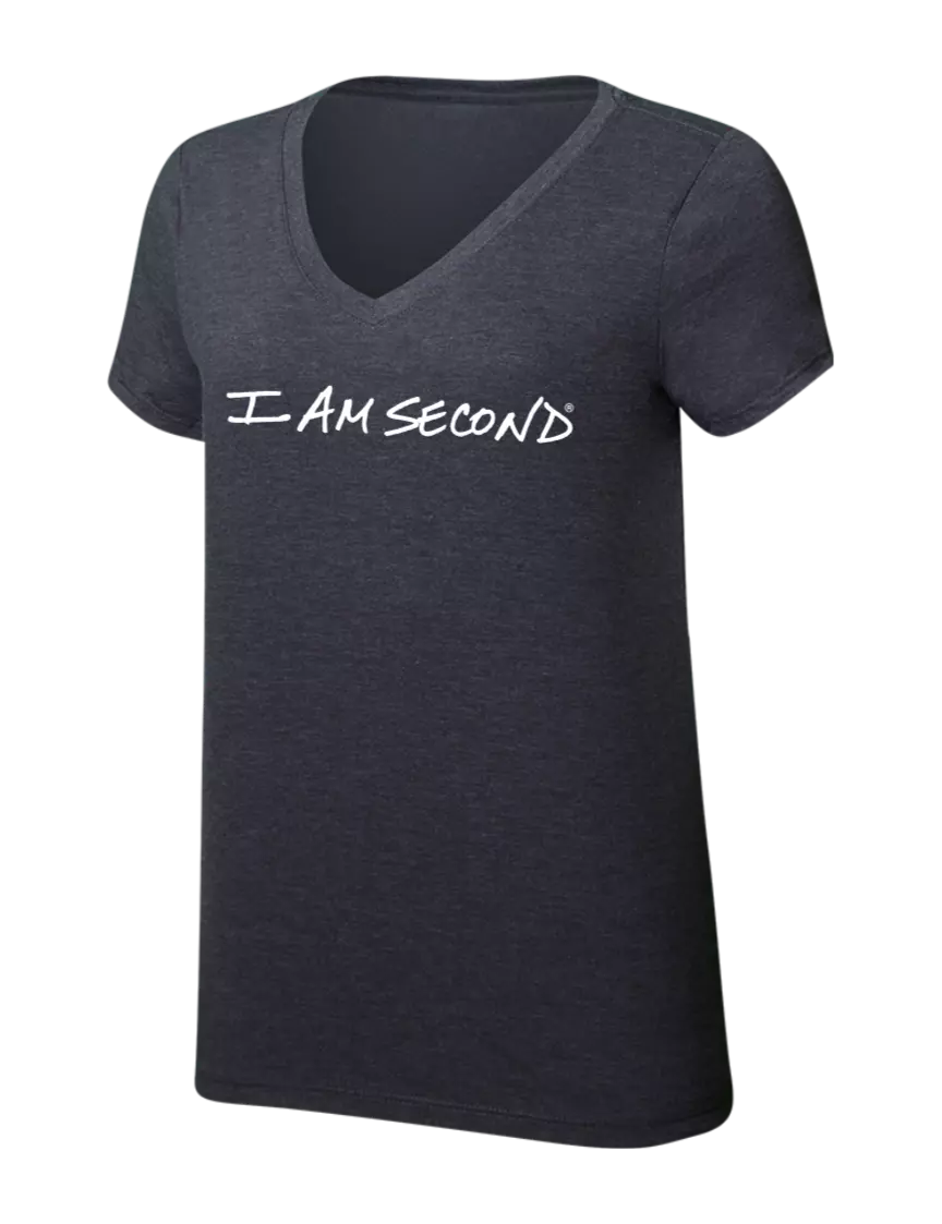 I Am Second Womens Simply Soft V-Neck Heather Charcoal 4.5oz  Poly/Combed Ring Spun Cotton T-Shirt w/I Am Second Logo