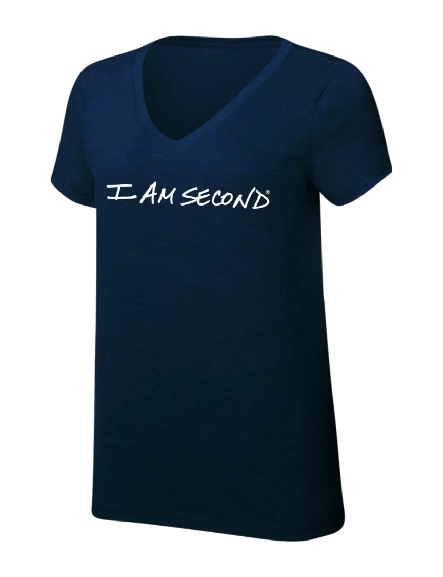 I Am Second Womens Simply Soft V-Neck New Navy 4.5oz  Poly/Combed Ring Spun Cotton T-Shirt w/I Am Second Logo
