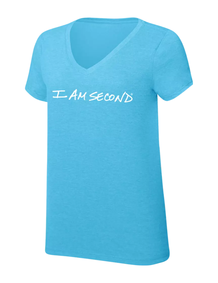 I Am Second Womens Simply Soft V-Neck Turquoise Frost 4.5oz  Poly/Combed Ring Spun Cotton T-Shirt w/I Am Second Logo