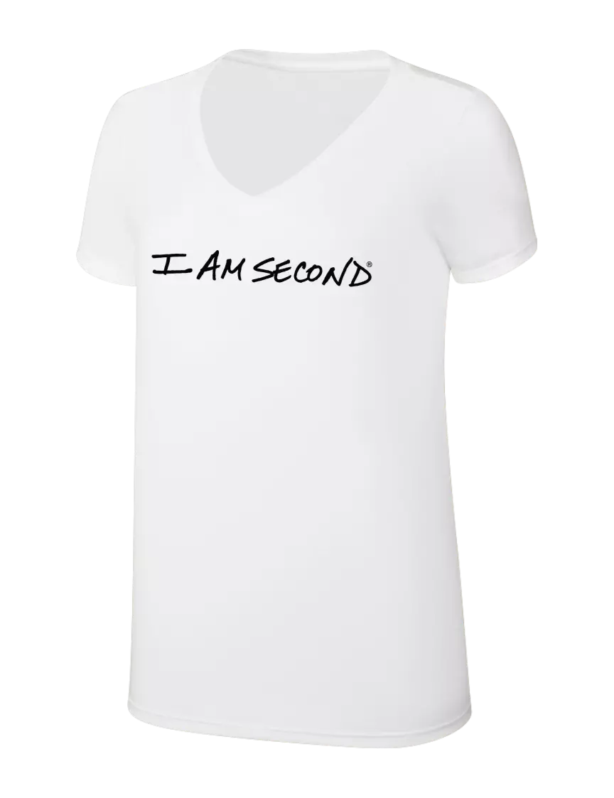 I Am Second Womens Simply Soft V-Neck White 4.5oz  Poly/Combed Ring Spun Cotton T-Shirt w/I Am Second Logo