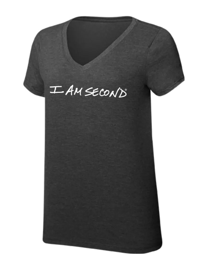 I Am Second Womens Simply Soft V-Neck Black Frost 4.5oz  Poly/Combed Ring Spun Cotton T-Shirt w/I Am Second Logo