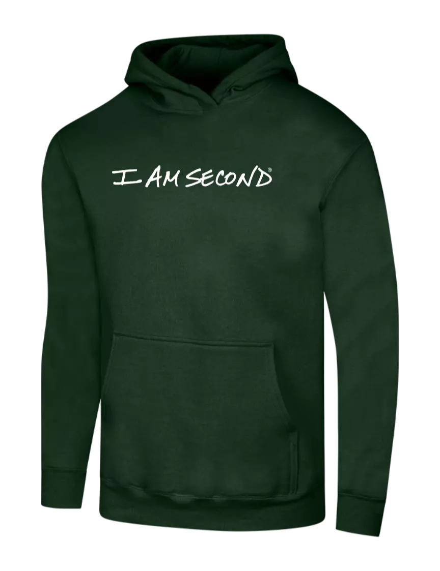 I Am Second Dark Green 7.8 oz Ring Spun Hooded Sweatshirt w/I Am Second Logo