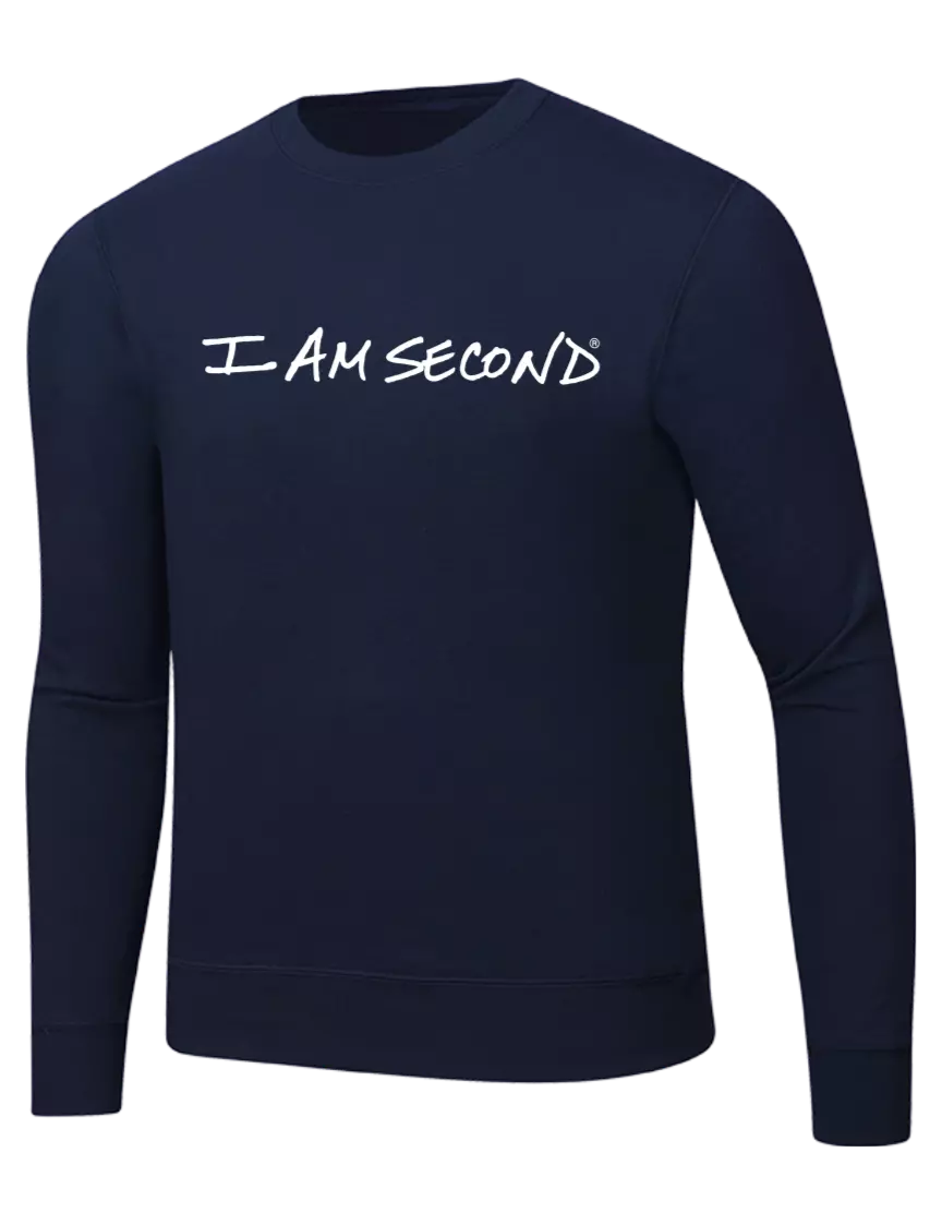 I Am Second Navy 7.8 oz Ring Spun Crew Sweatshirt w/I Am Second Logo