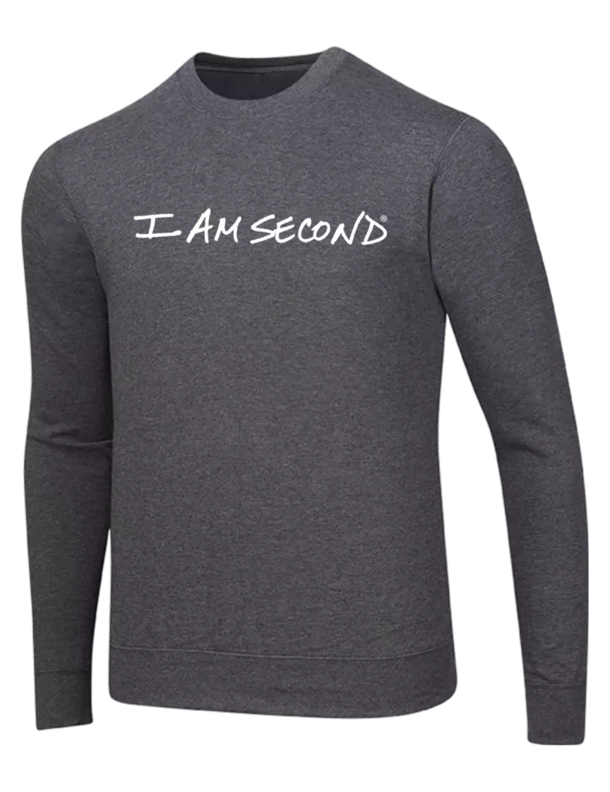 I Am Second Dark Heather Grey 7.8 oz Ring Spun Crew Sweatshirt w/I Am Second Logo