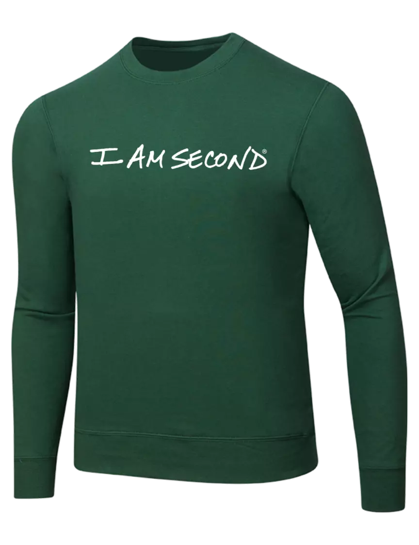 I Am Second Forest Green 7.8 oz Ring Spun Crew Sweatshirt w/I Am Second Logo