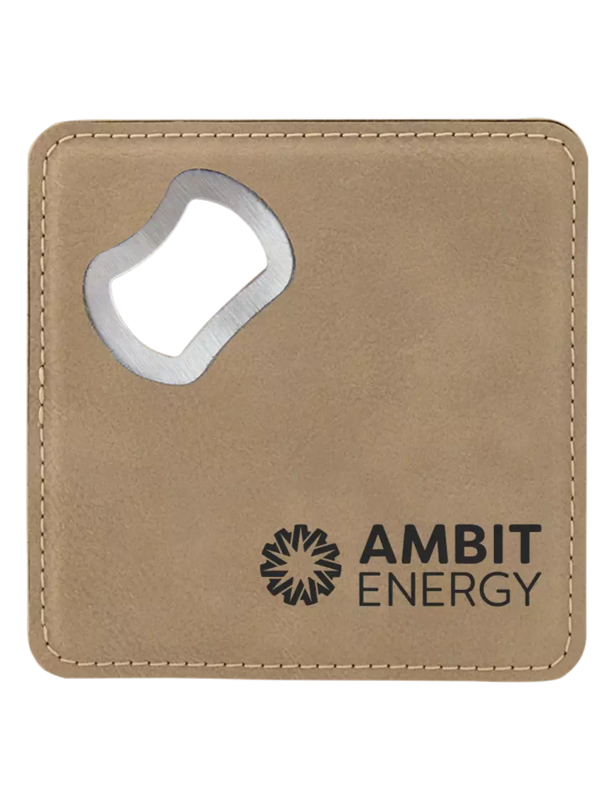 Ambit Tan Leatherette Bottle Opener Coaster w/Ambit Logo 