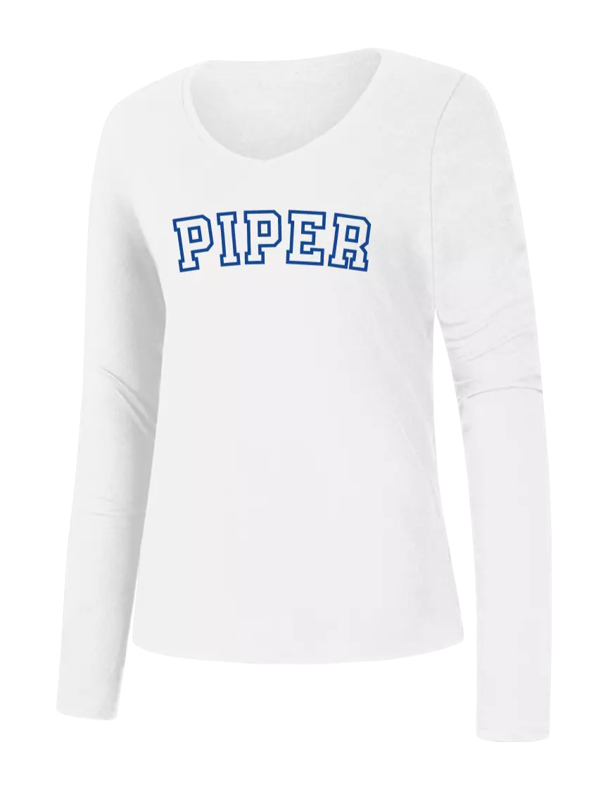 Piper Womens Seriously Soft White V-Neck Long Sleeve T-Shirt w/Piper Collegiate Logo