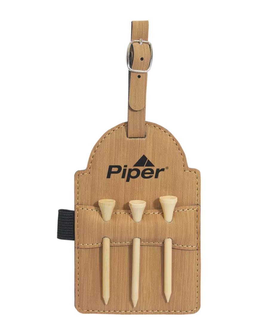 Piper Bamboo Leatherette Golf Bag Tag with 3 Wooden Tees w/Piper Logo