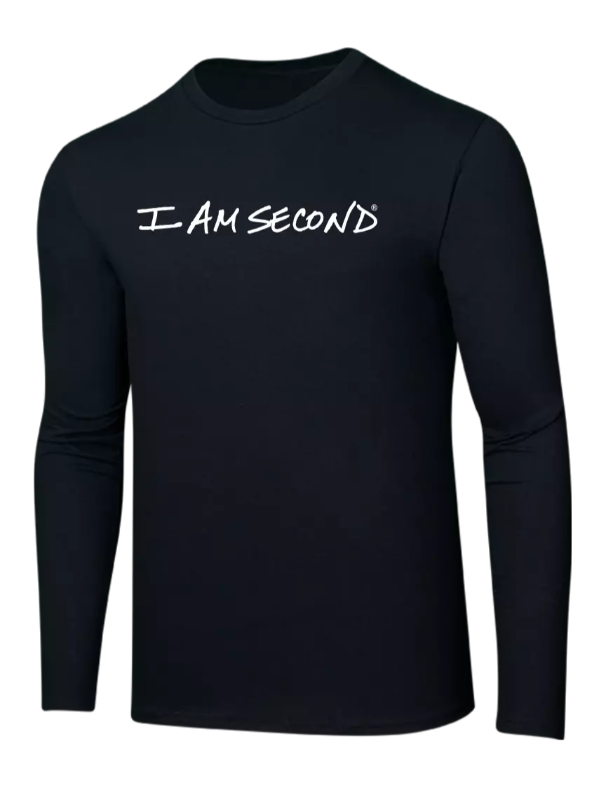 I Am Second Ring Spun Jet Black 4.5 oz Long Sleeve T-Shirt w/I Am Second Logo