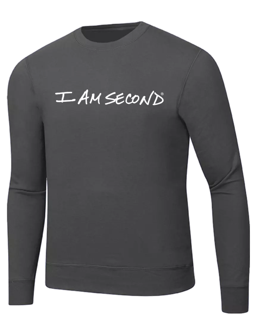 I Am Second Charcoal 7.8 oz Ring Spun Crew Sweatshirt w/I Am Second Logo