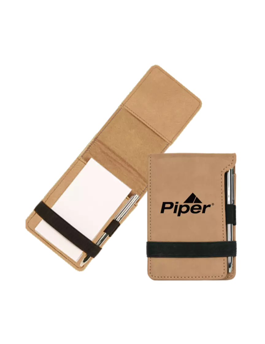 Piper Sand Leatherette Mini Notepad with Pen,  3.25 x 4.75 w/Piper Logo