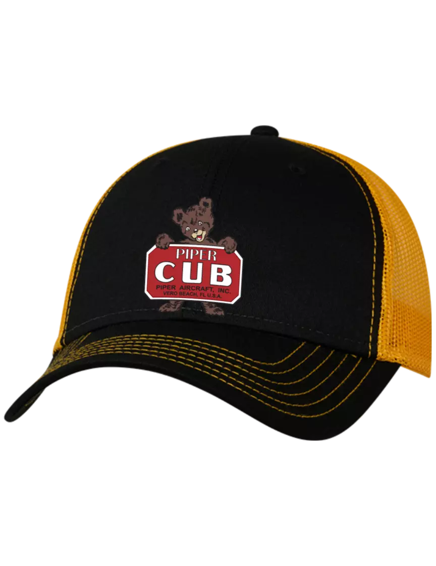 Piper Black/Black/Gold Mesh Gold Stitching on Bill Trucker Cap Snap Back

 w/Piper Cub Logo