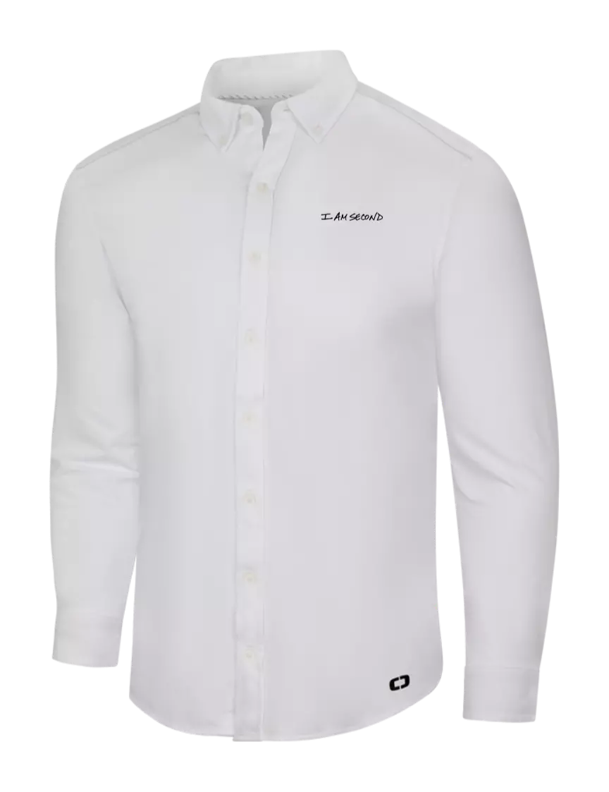 I Am Second OGIO Bright White Modern Code Stretch Button-Up Shirt w/I Am Second Logo