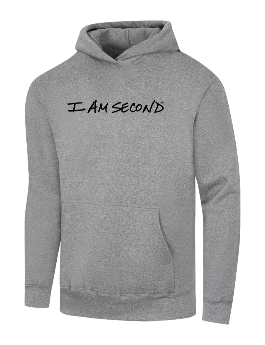 I Am Second Light Grey Heather 7.8 oz Ring Spun Hooded Sweatshirt w/I Am Second Logo