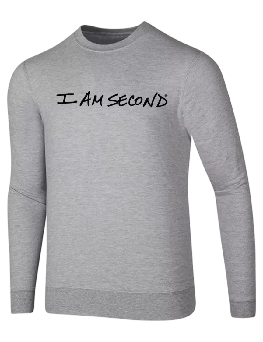 I Am Second Light Grey Heather 7.8 oz Ring Spun Crew Sweatshirt w/I Am Second Logo