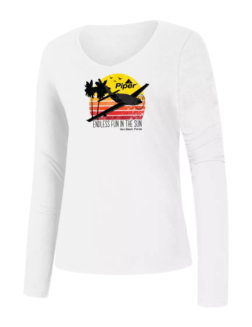 Piper Womens Seriously Soft White V-Neck Long Sleeve T-Shirt w/Piper Sun & Fun Logo