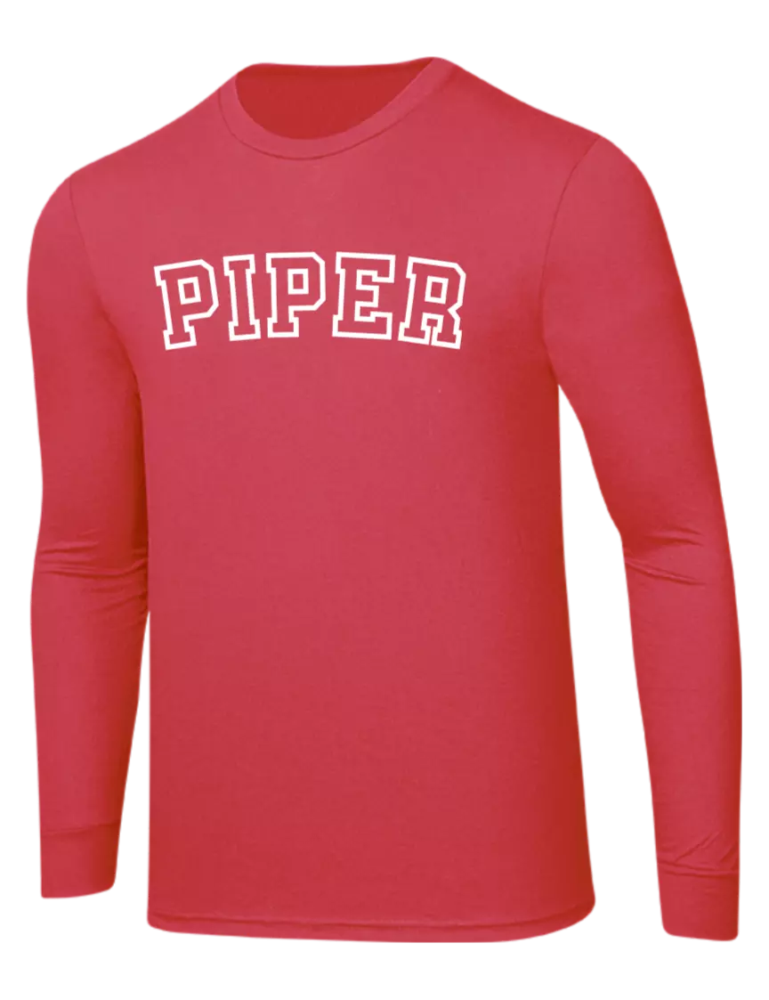 Piper Simply Soft Long Sleeve Red Frost 4.5 oz, Poly/Combed Ring Spun Cotton T-Shirt w/Piper Collegiate Logo