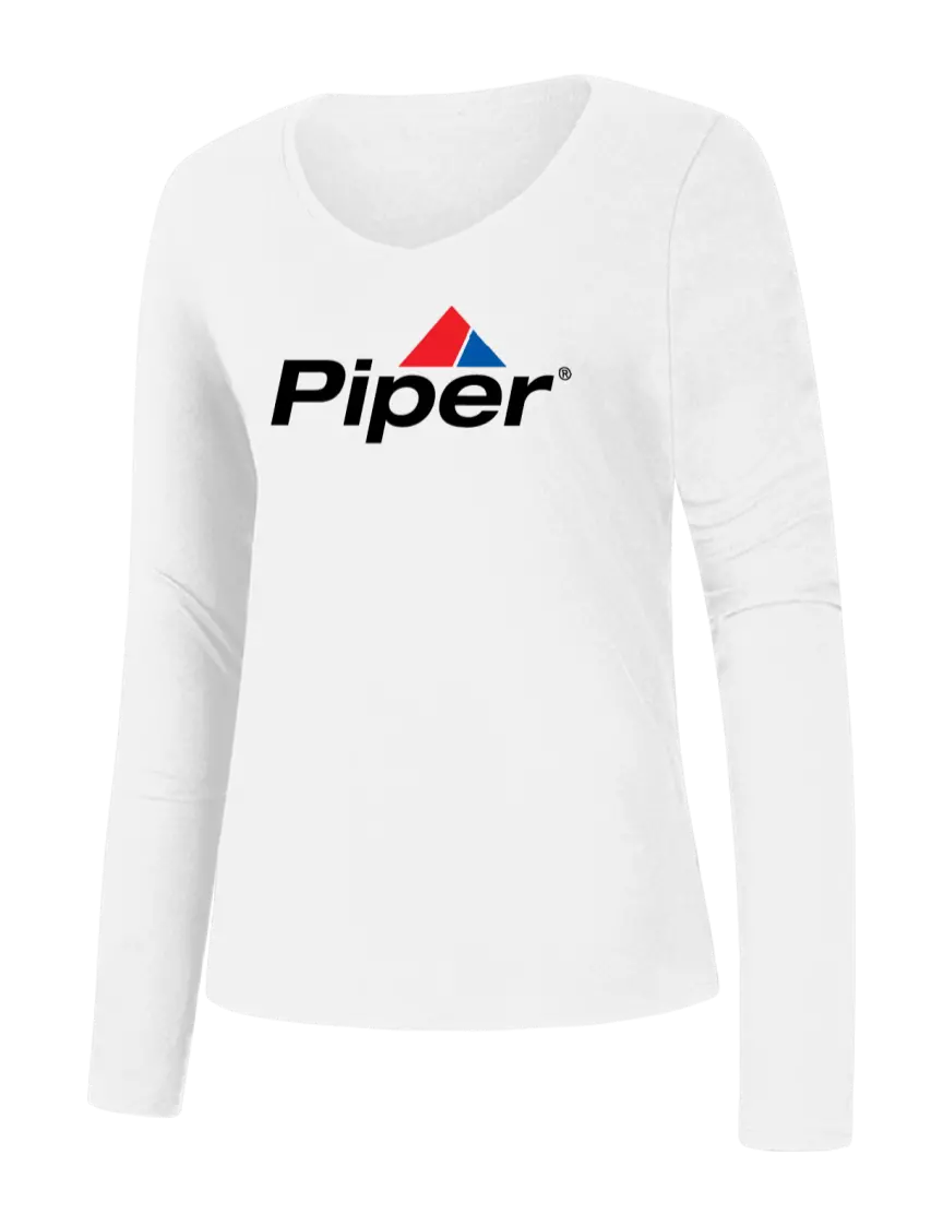 Piper Womens Seriously Soft White V-Neck Long Sleeve T-Shirt w/Piper Logo