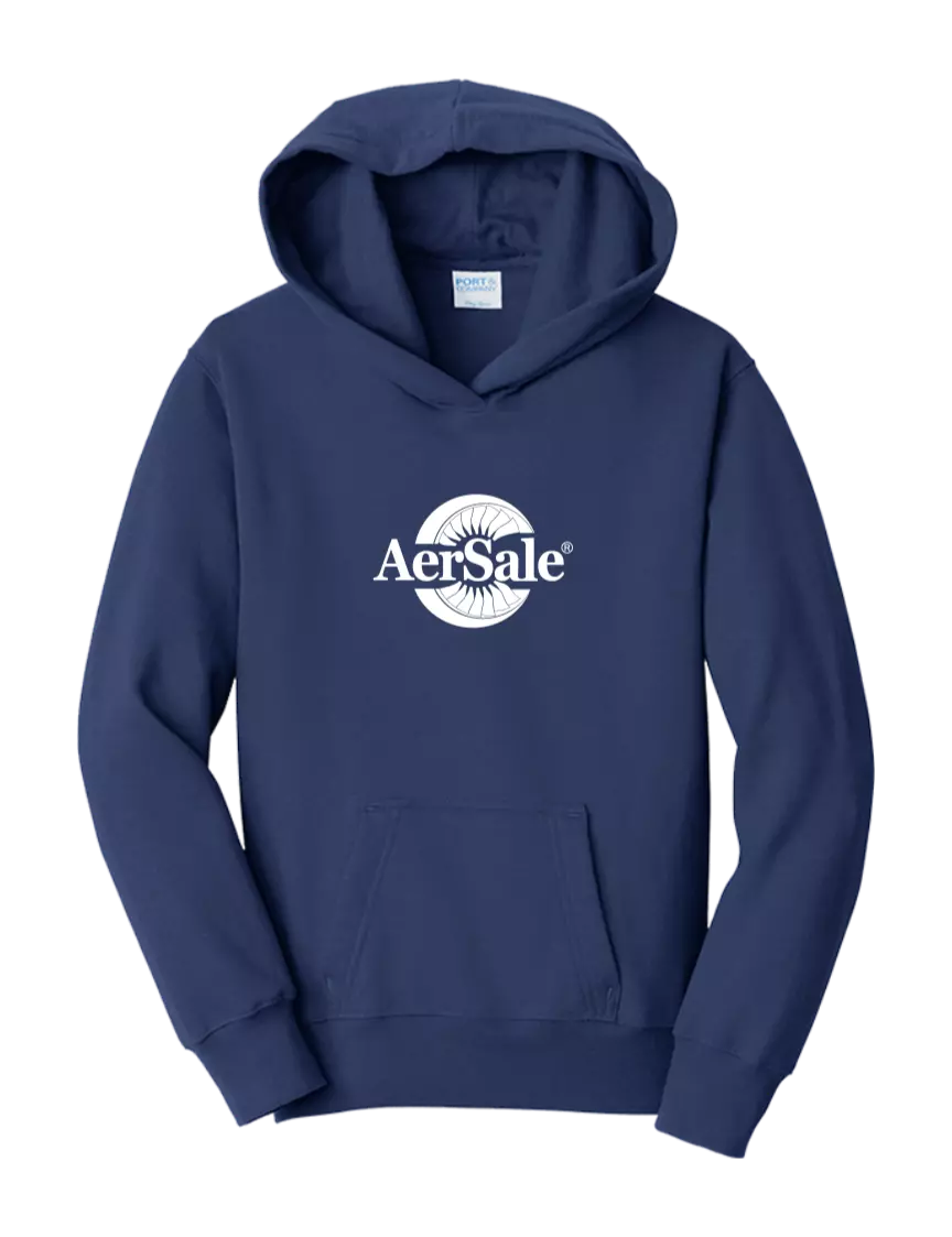 AerSale Youth Navy 7.8 oz Cotton/Poly Pullover Hooded Sweatshirt w/AerSale Logo