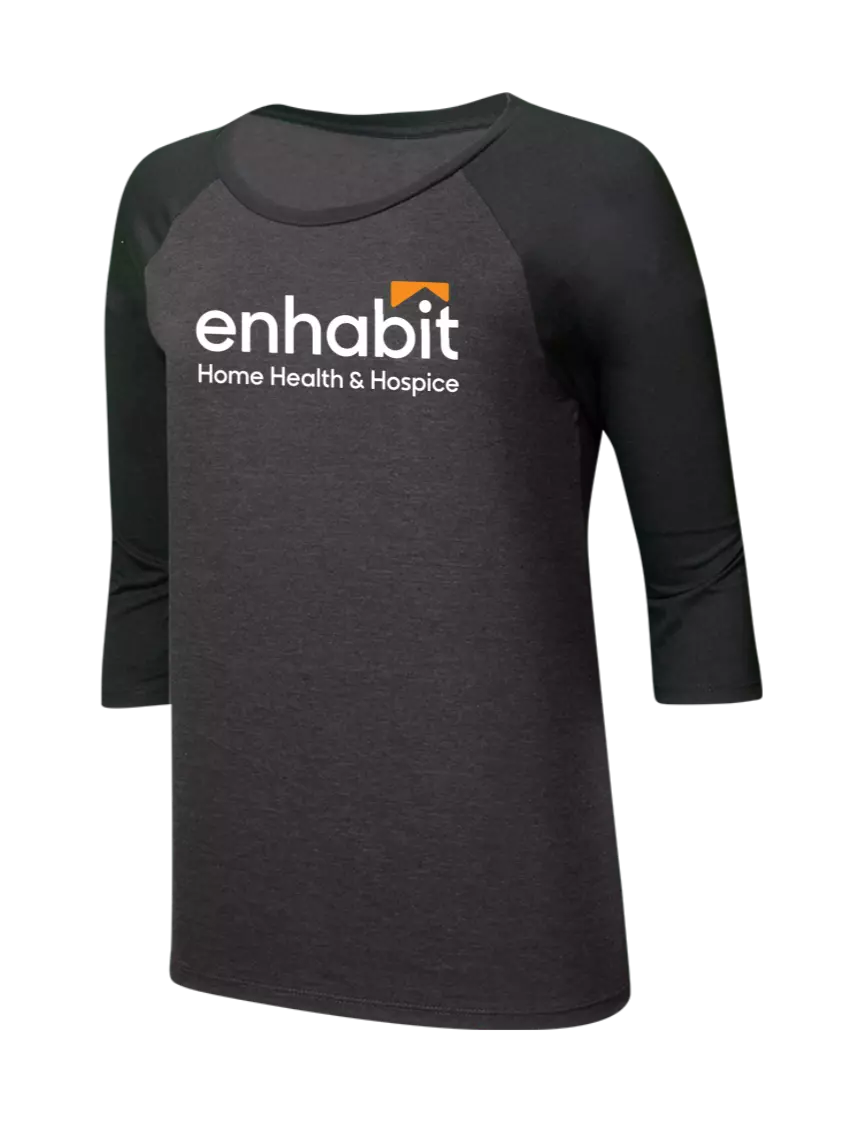 Enhabit Womens Simply Soft 3/4 Raglan Sleeve Black/Black Frost 4.5 oz, Poly/Combed Ring Spun Cotton T-Shirt w/Enhabit Logo
