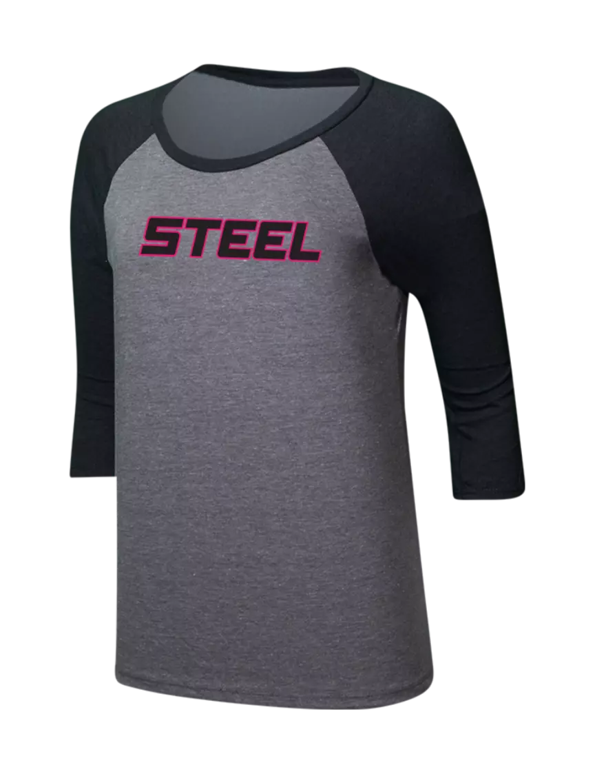 Steel Partners Womens Simply Soft 3/4 Raglan Sleeve Black Frost/Grey Frost 4.5 oz, Poly/Combed Ring Spun Cotton T-Shirt w/Steel Partners Logo