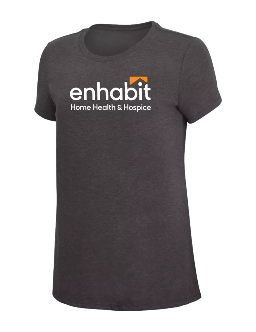 Enhabit Womens Simply Soft Heather Charcoal 4.5oz  Poly/Combed Ring Spun Cotton T-Shirt w/Enhabit Logo